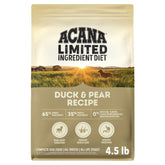 Emballage ACANA Canard & Poire montrant format 4,5 lb et visuel produit bénéfice qualité