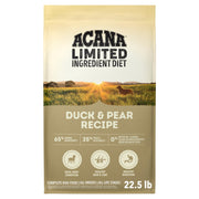ACANA emballage 22,5 lb Canard & Poire montrant l'étiquette et bénéfice nutritionnel