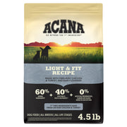 ACANA emballage avant Light & Fit 4,5 lb montrant recette et bénéfices