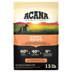 ACANA packaging avant du sac 13 lb montrant la recette Puppy et bénéfice nutritionnel