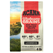 ACANA emballage avant présentant la recette Red Meat & Grains et bénéfice nutritionnel