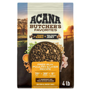 ACANA emballage devant Butcher's Favorites 4 lb montrant la recette et bénéfice nutritionnel