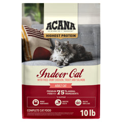ACANA emballage face 10 lb montrant recette indoor et bénéfice nutritionnel