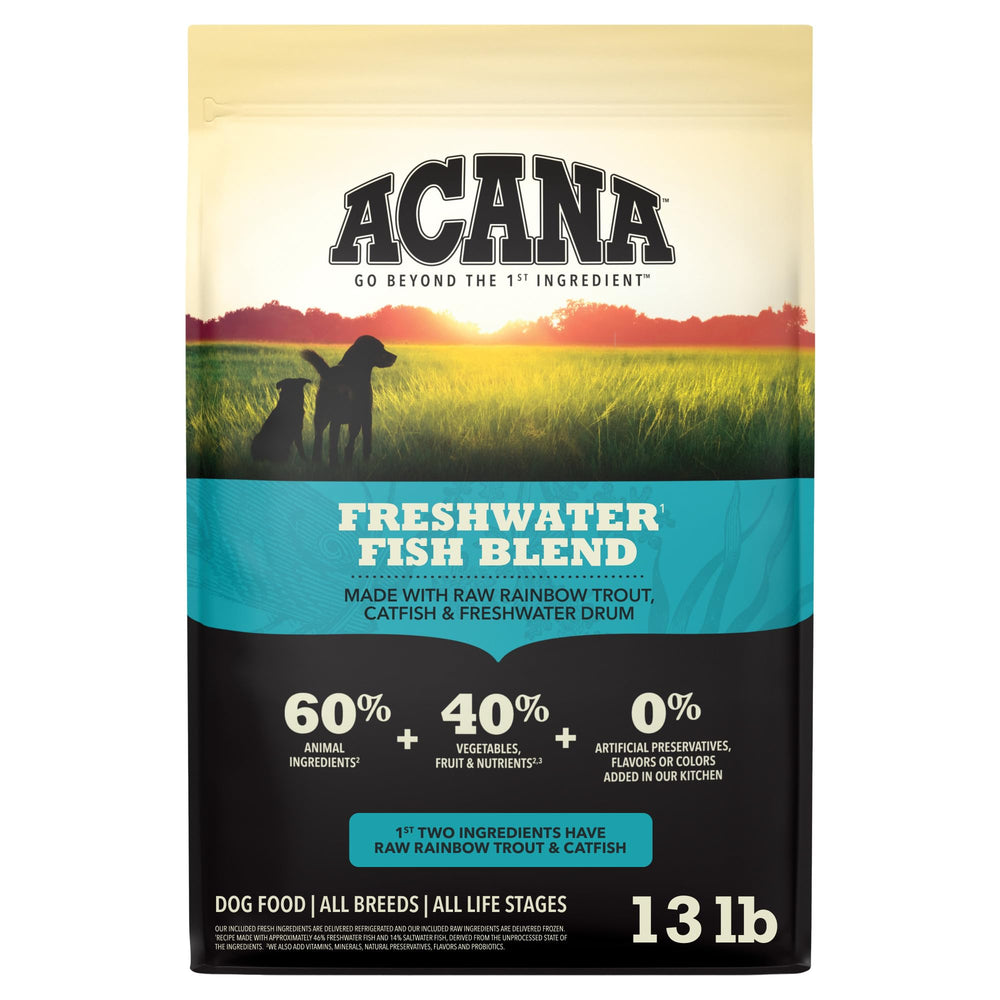 ACANA sac face Freshwater Fish montrant ingrédients vedettes et bénéfices nutritionnels