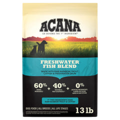 ACANA sac face Freshwater Fish montrant ingrédients vedettes et bénéfices nutritionnels