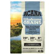 ACANA face du sac Wholesome Grains Sea to Stream montrant la recette et bénéfice protéique