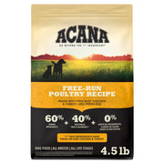 ACANA packaging face montrant la recette Free-Run Poultry et bénéfice nutritionnel