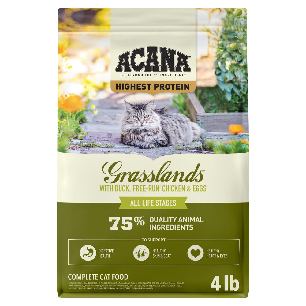 ACANA sac Grasslands face avant montrant le format 4 lb et bénéfice nutritionnel