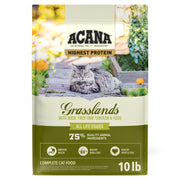 ACANA sachet face avant montrant la recette Grasslands et bénéfice haute protéine