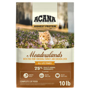 ACANA sac Meadowlands 10 lb montrant le packaging et l'origine des ingrédients