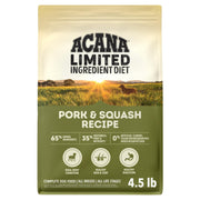 ACANA paquet face montrant recette porc et courge pour appétence