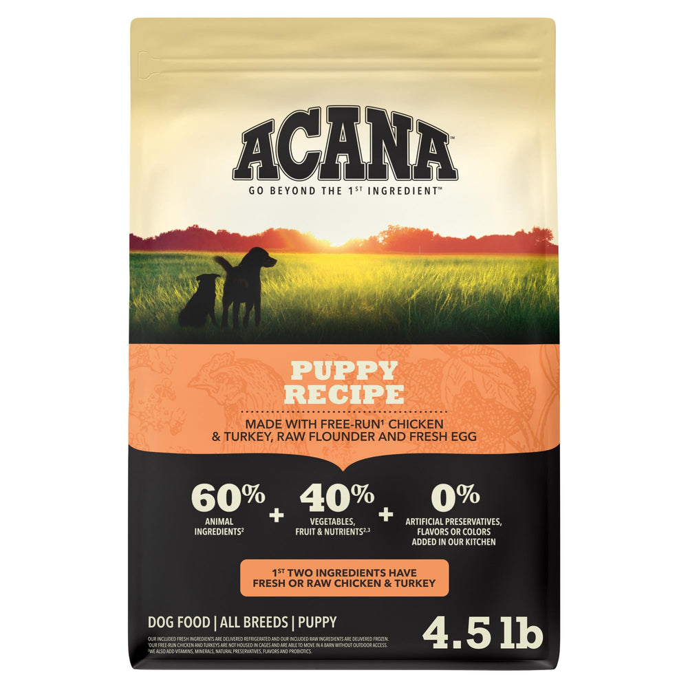 ACANA sac avant Puppy Recipe montrant le format 4,5 lb et bénéfice appétence