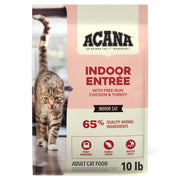 ACANA sac 10 lb face montrant recette poulet et dinde pour chats d'intérieur, qualité visible