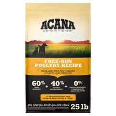 ACANA sachet 25 lb montrant l'emballage complet et la praticité de stockage