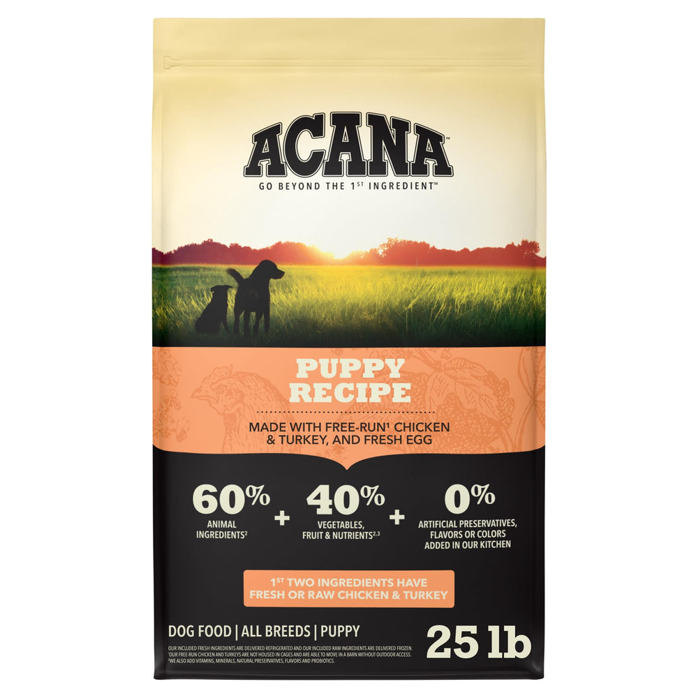 ACANA sac 25 lb face montrant l'étiquette et bénéfice nutritionnel