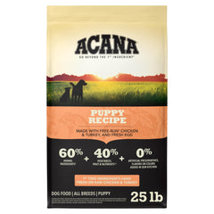 ACANA sac 25 lb face montrant l'étiquette et bénéfice nutritionnel