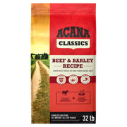 ACANA sachet avant présentant la recette Beef & Barley et ses bénéfices nutritionnels