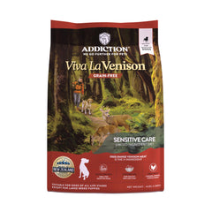 Addiction emballage face montrant la recette venison et bénéfice hypoallergénique