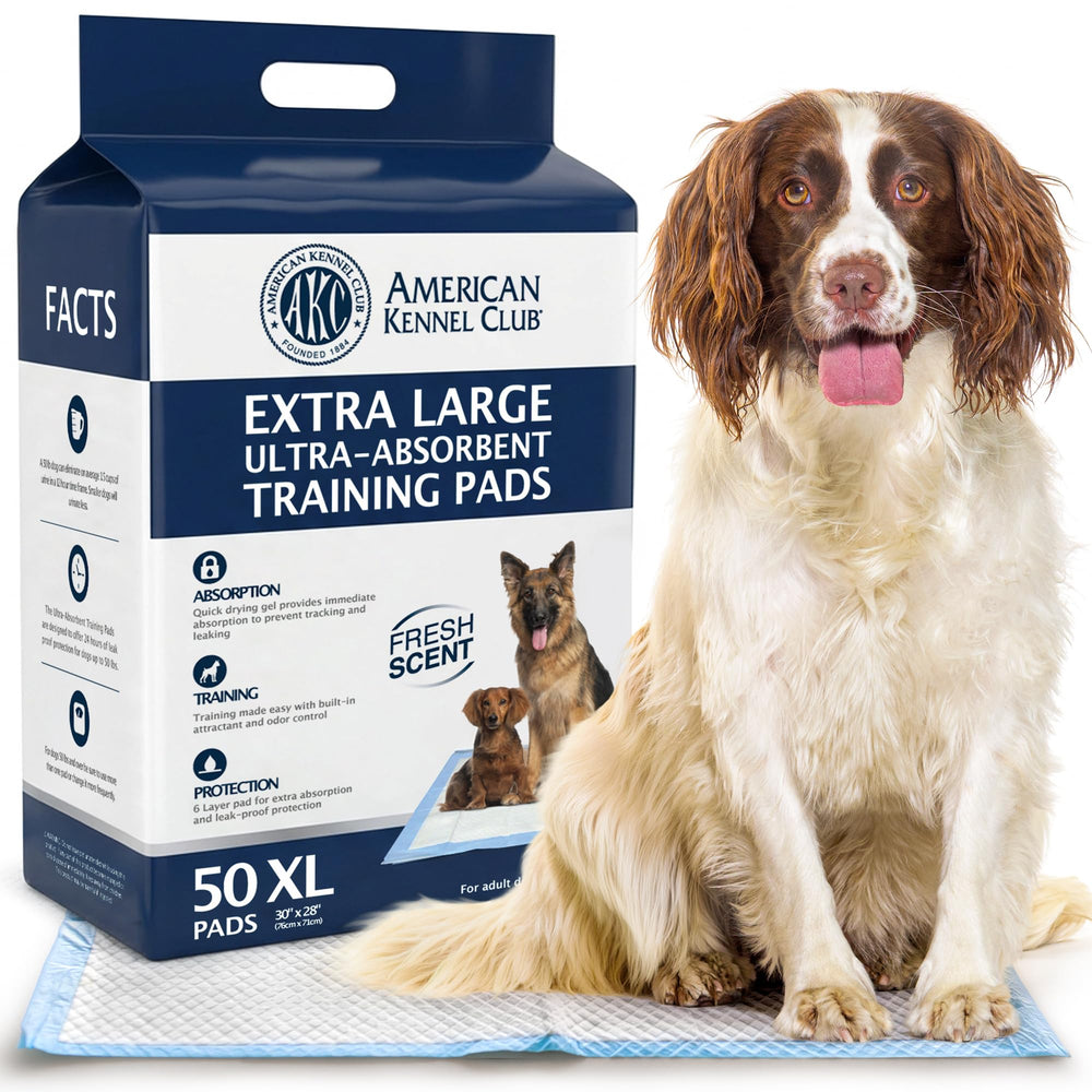 American Kennel Club avant-emballage montrant 50 alèses, pratique et économique