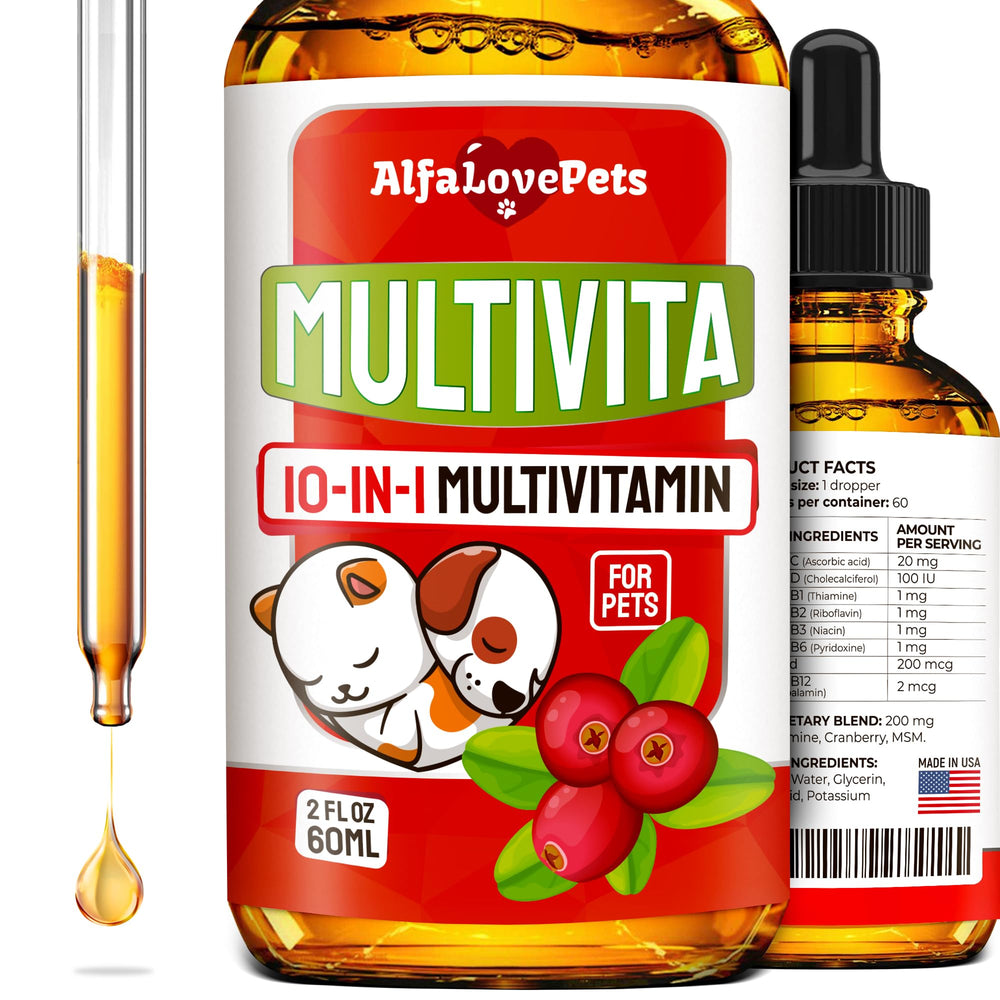 Alfa Love Pets flacon avant montrant l'emballage et la saveur canneberge pour administration facile