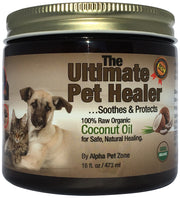 ALPHA PET ZONE bocal d'huile de coco bio montrant l'emballage et la taille