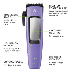 Andis kit accessoires ouvert montrant sabots, huile et brosse inclus