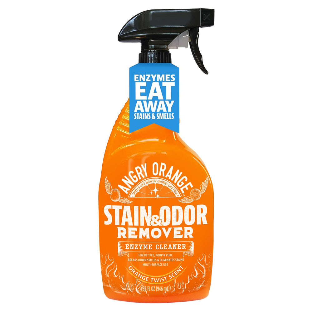 Angry Orange flacon 32oz en vue de face montrant l'étiquette et la buse pratique