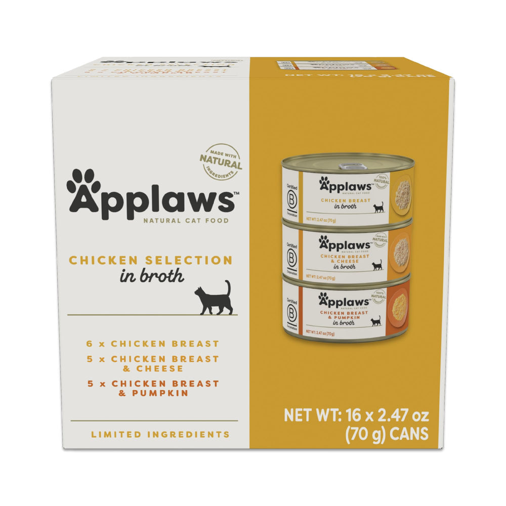 Applaws face avant de la boîte poulet en bouillon montrant le format pratique