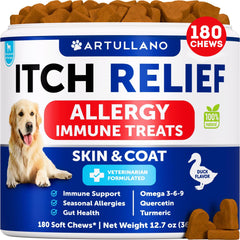 Artullano emballage avant montrant 180 friandises, aide au confort cutané