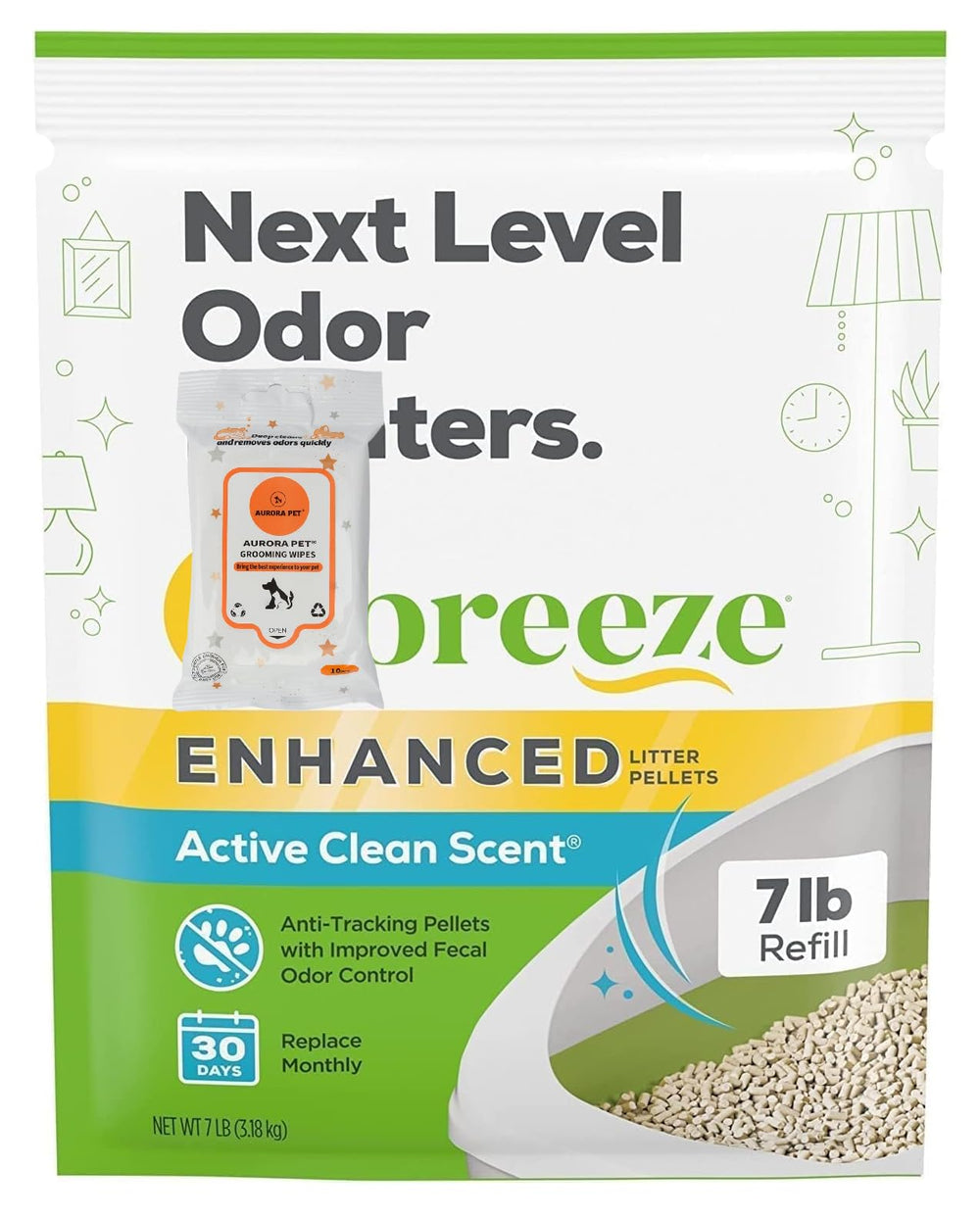 Aurora Pet emballage Cat Breeze face montrant recharge et bénéfice stockage pratique