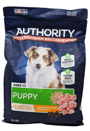 Sac Authority Puppy Chicken and Rice vu de face montrant sac pratique et informations claires