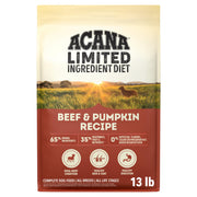 ACANA sac 13 lb face montrant recette Boeuf et Potiron, nutrition concentrée