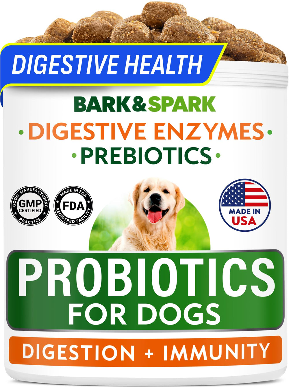 BARK&SPARK emballage avant montrant la formule probiotique et bénéfice digestif