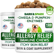 BARK&SPARK pot de chews anti‑allergies montrant l’emballage pratique et l’offre de 120 mastiquables