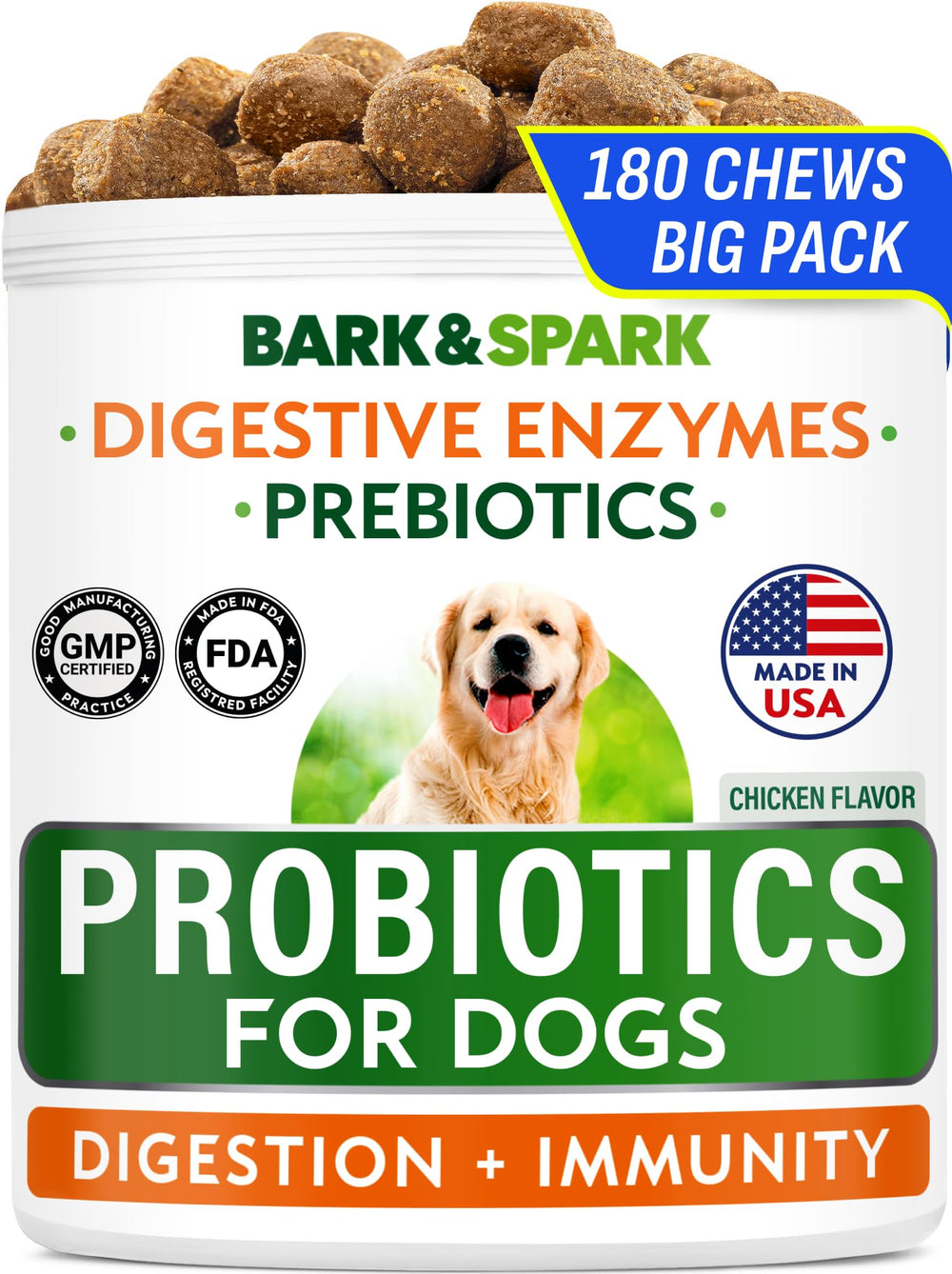 BARK&SPARK emballage devant montrant format 180 chews et bénéfice praticité
