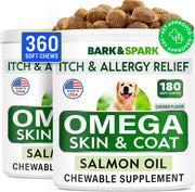 BARK&SPARK pot de bouchées oméga‑3 montrant l'emballage et l'avantage d'une cure longue durée
