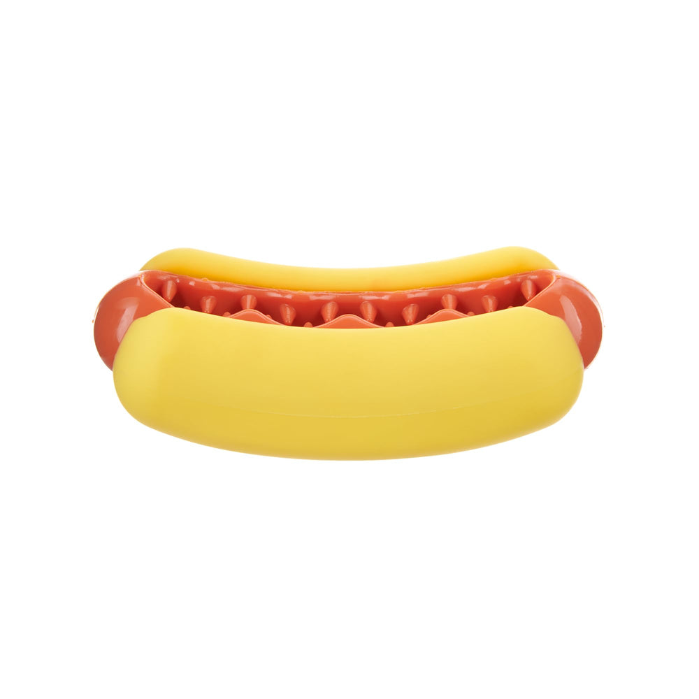 BarkBox hot-dog avant montrant la forme résistante et rebondissante pour le jeu