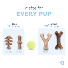 Comparaison de taille Benebone avec une patte de chiot, adaptation petite taille