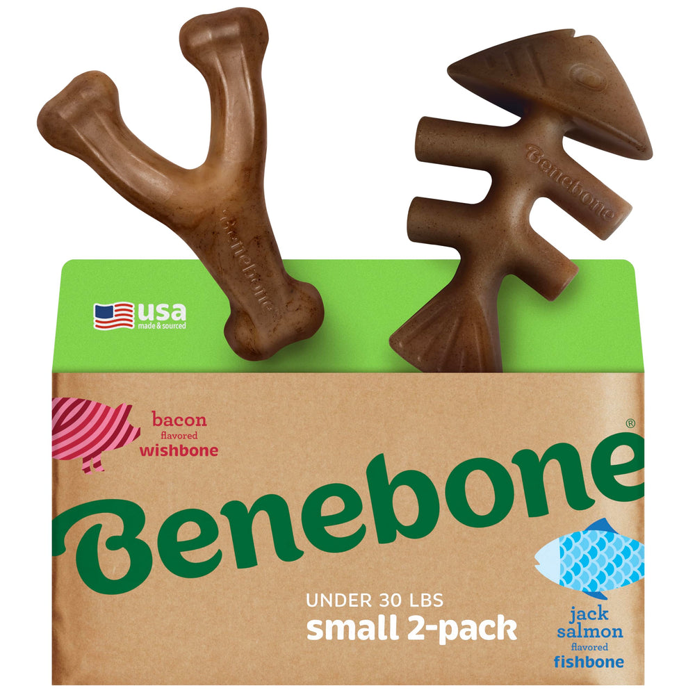 Benebone emballage avant Fishbone et Wishbone montrant le pack double et bénéfice d'occupation