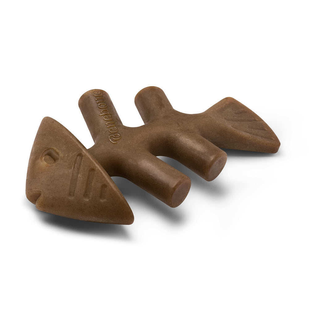 Benebone Fishbone emballage frontal montrant le jouet et bénéfice durabilité