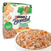 Beneful Purina packaging face montrant ingrédients visibles et praticité