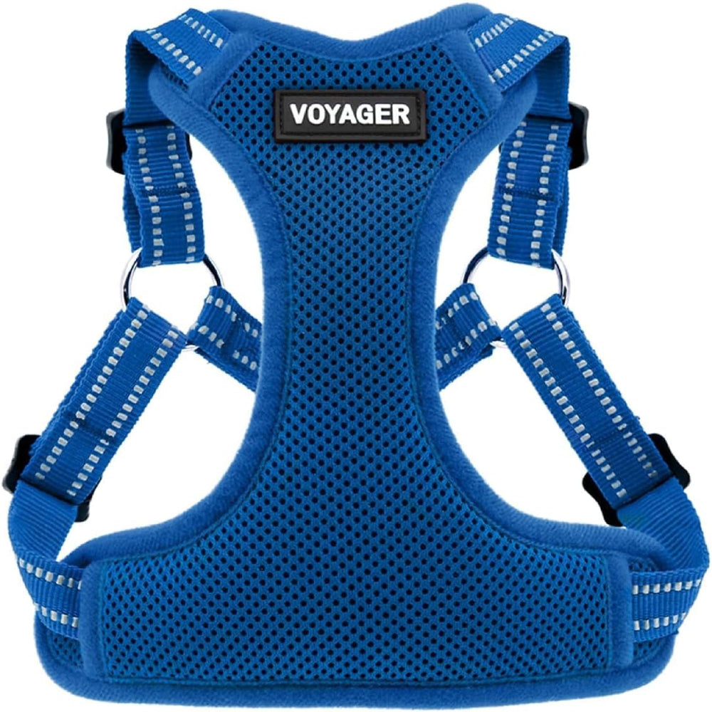 Best Pet Supplies harnais Voyager vue avant packaging montrant design et couleur bleue, confortable