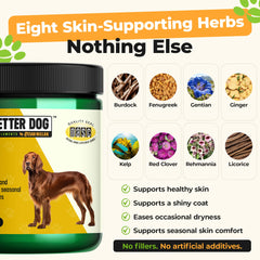 Étiquette du produit Better Dog Skin Magic affichant la liste botanique pour transparence