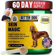 Better Dog Supplements flacon Skin Magic en vue frontale montrant l'étiquette claire et confiance