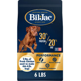 Bil-Jac emballage avant poulet 6 lb montrant qualité et énergie