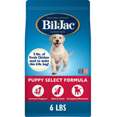 Bil-Jac emballage avant Puppy Select 6 lb montrant ingrédients clés