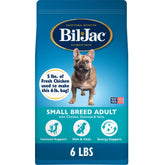 Bil-Jac paquet face montrant poulet frais et formulation adaptée petites races bénéfice appétence