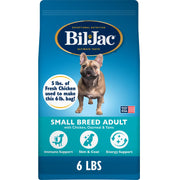 Bil-Jac paquet face montrant poulet frais et formulation adaptée petites races bénéfice appétence