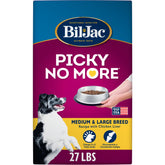 Bil-Jac sac face 27 lb montrant emballage clair et bénéfice appétence