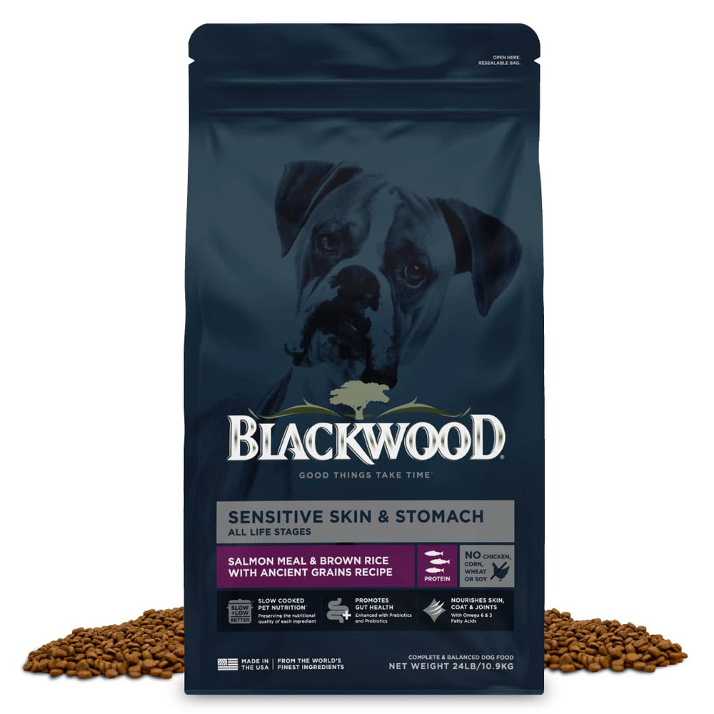 Blackwood emballage avant 24 lb montrant la formule Sensitive et bénéfice digestion